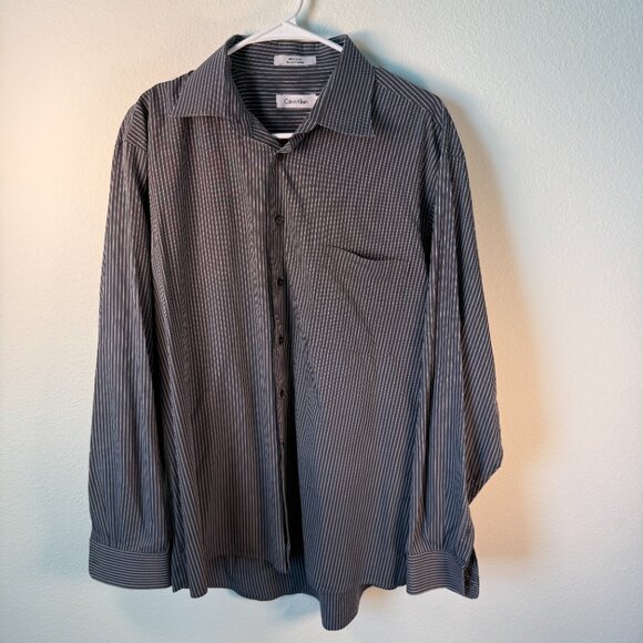 Calvin Klein Shirt Mens L Navy/White Striped Long Sleeve Button Cotton 17 34/35 - Picture 1 of 6